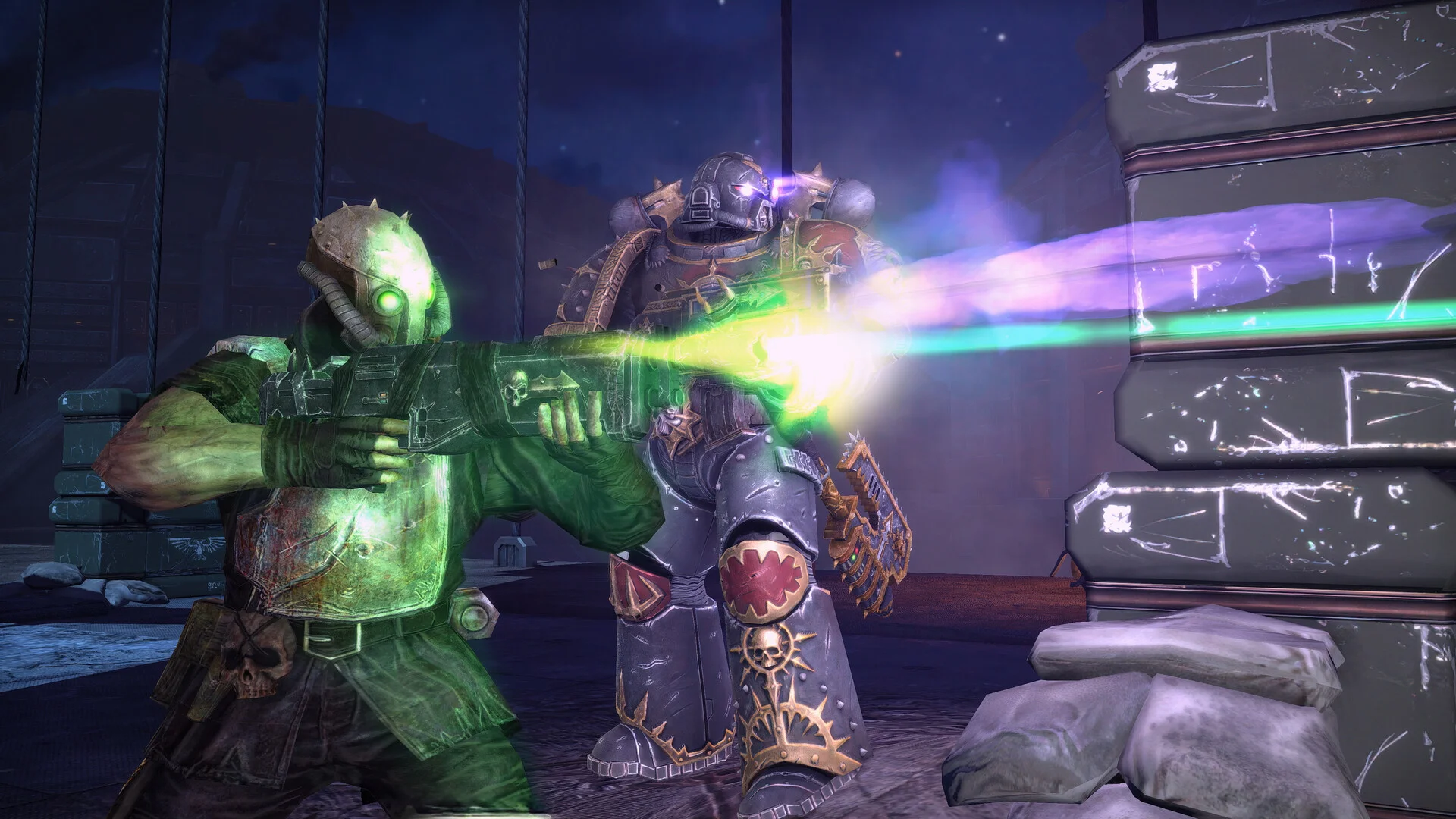Space Marine Master Crafted bolter and chainsword against Orks