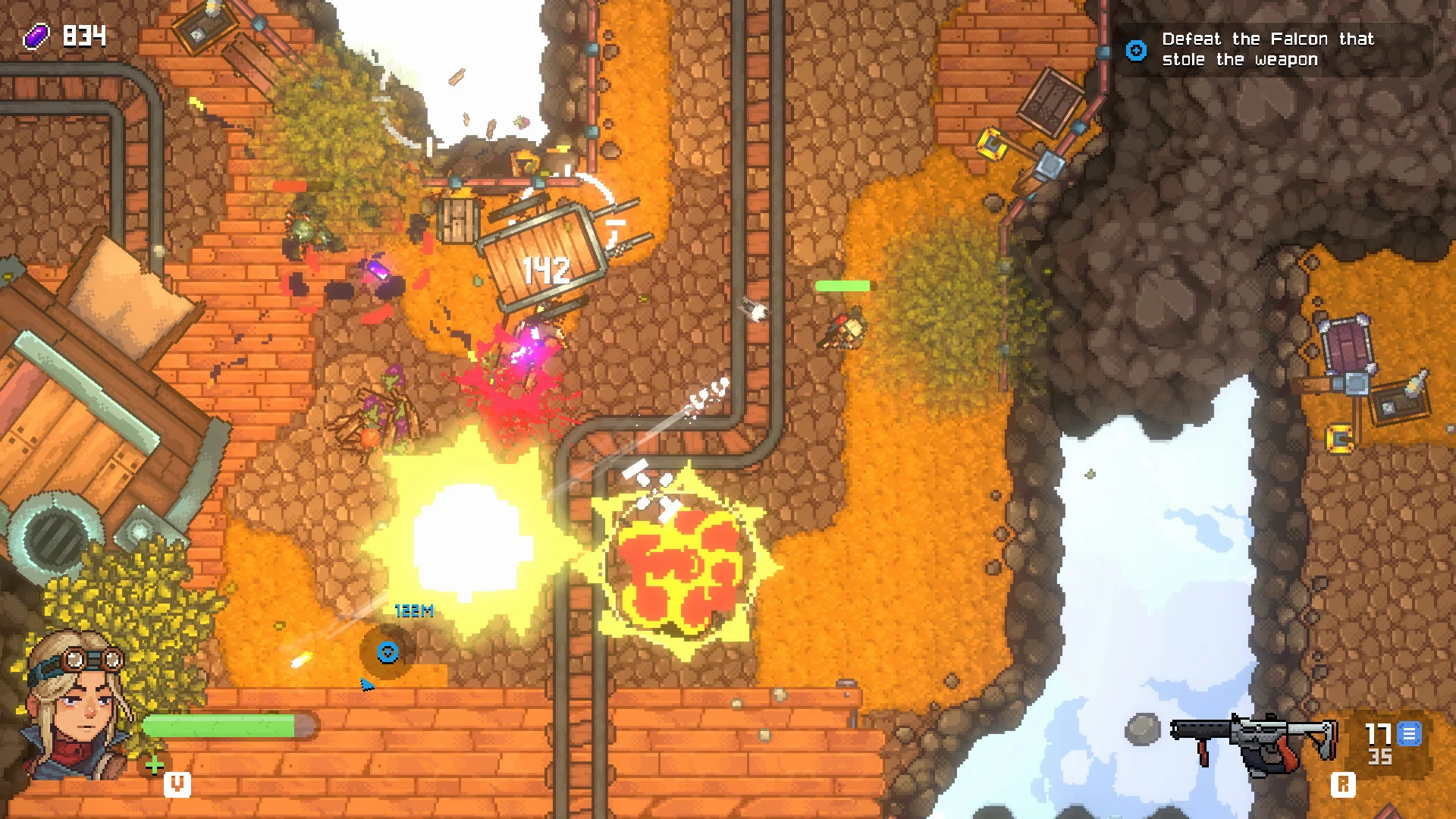 Ground raid: brick path, exploding barrels, quest text Defeat the Falcon that stole the weapon
