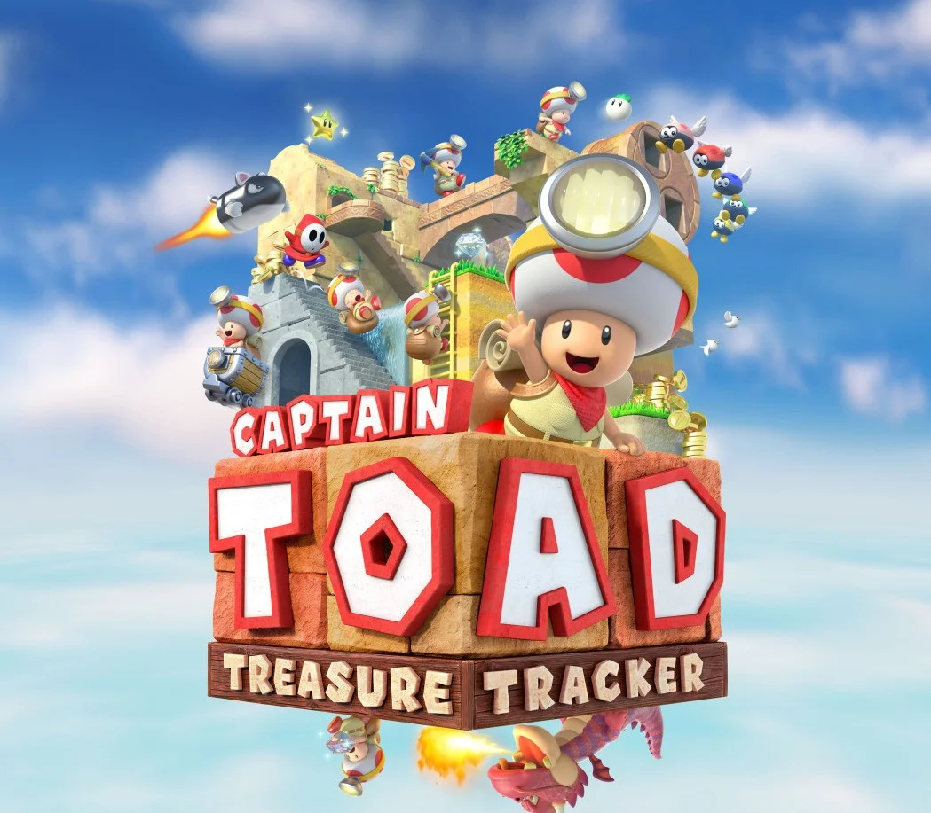 Captain Toad Treasure Tracker cover with Toad and Toadette on a ladder of coins.