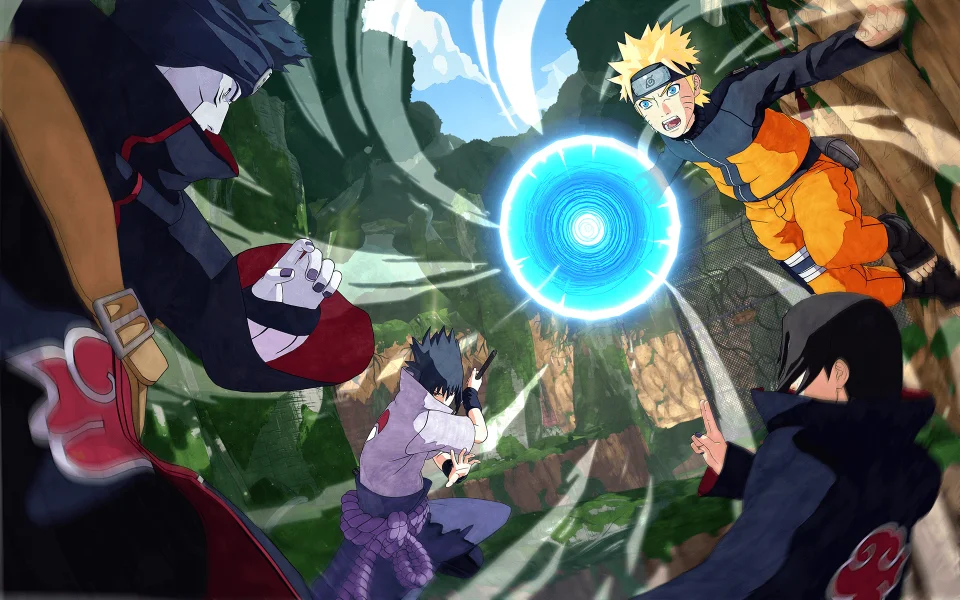 Four-ninja clash: Kisame, kneeling Sasuke, leaping Naruto with a blue sphere, Itachi pointing