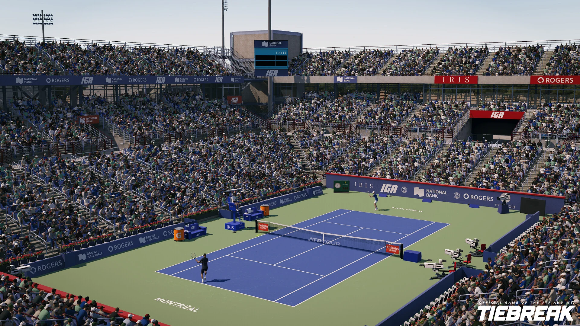Montreal IGA stadium: blue hard court, Rogers and National Bank boards, packed stands