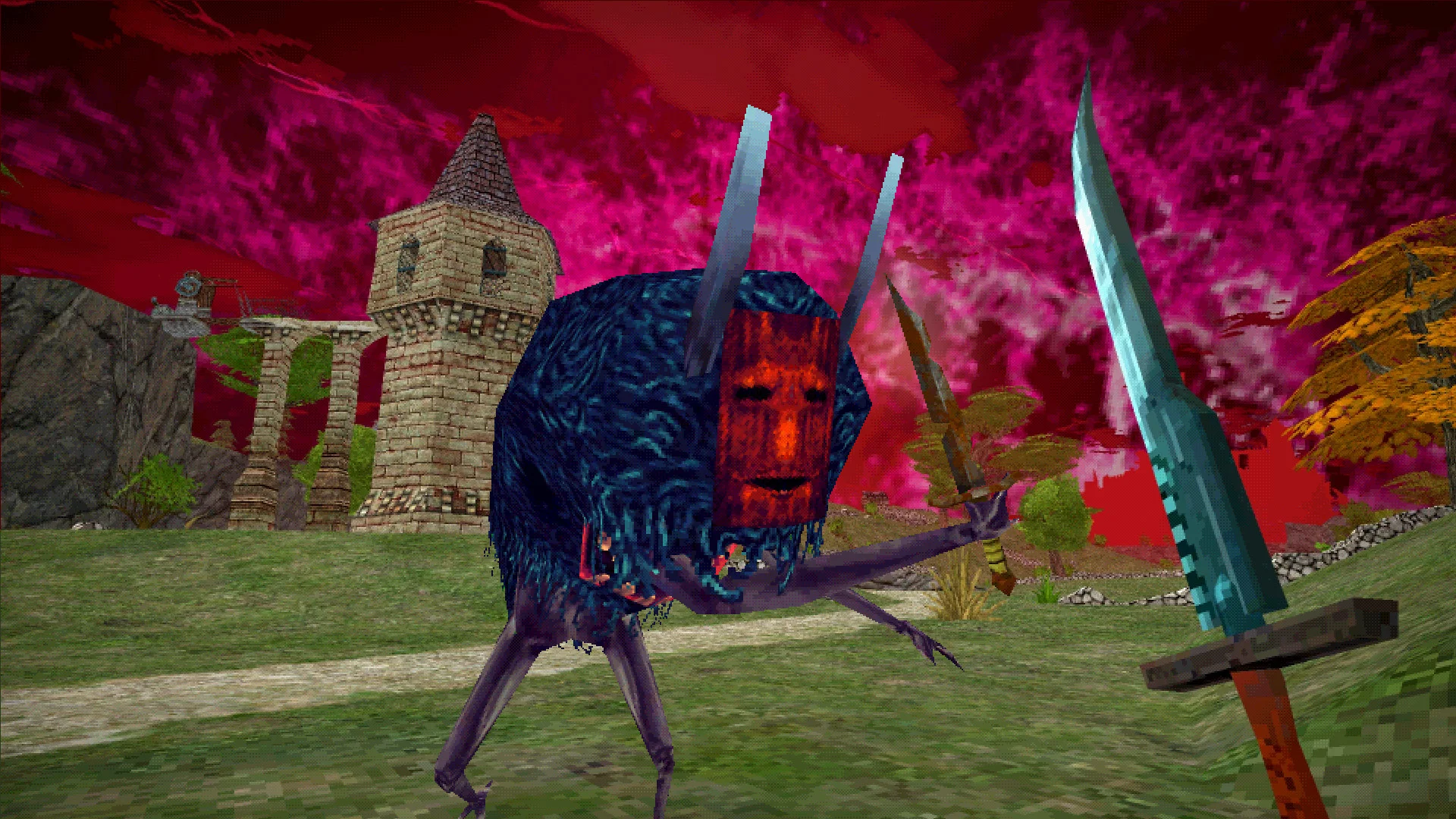 First-person sword facing a bristled blue figure with an orange mask and extra blades, stone tower and magenta sky behind