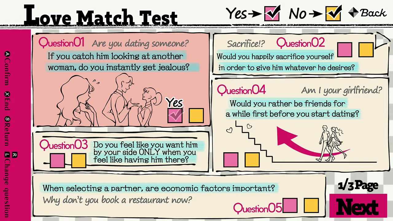Ekran Love Match Test w Cupid Parasite z pięcioma pytaniami o relacje i wyborem tak lub nie