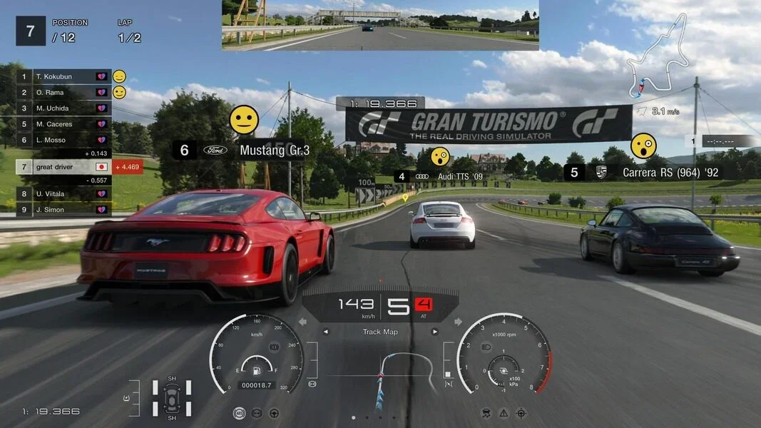 In-car view of a red Ford Mustang on a multi-car grid with a tachometer.