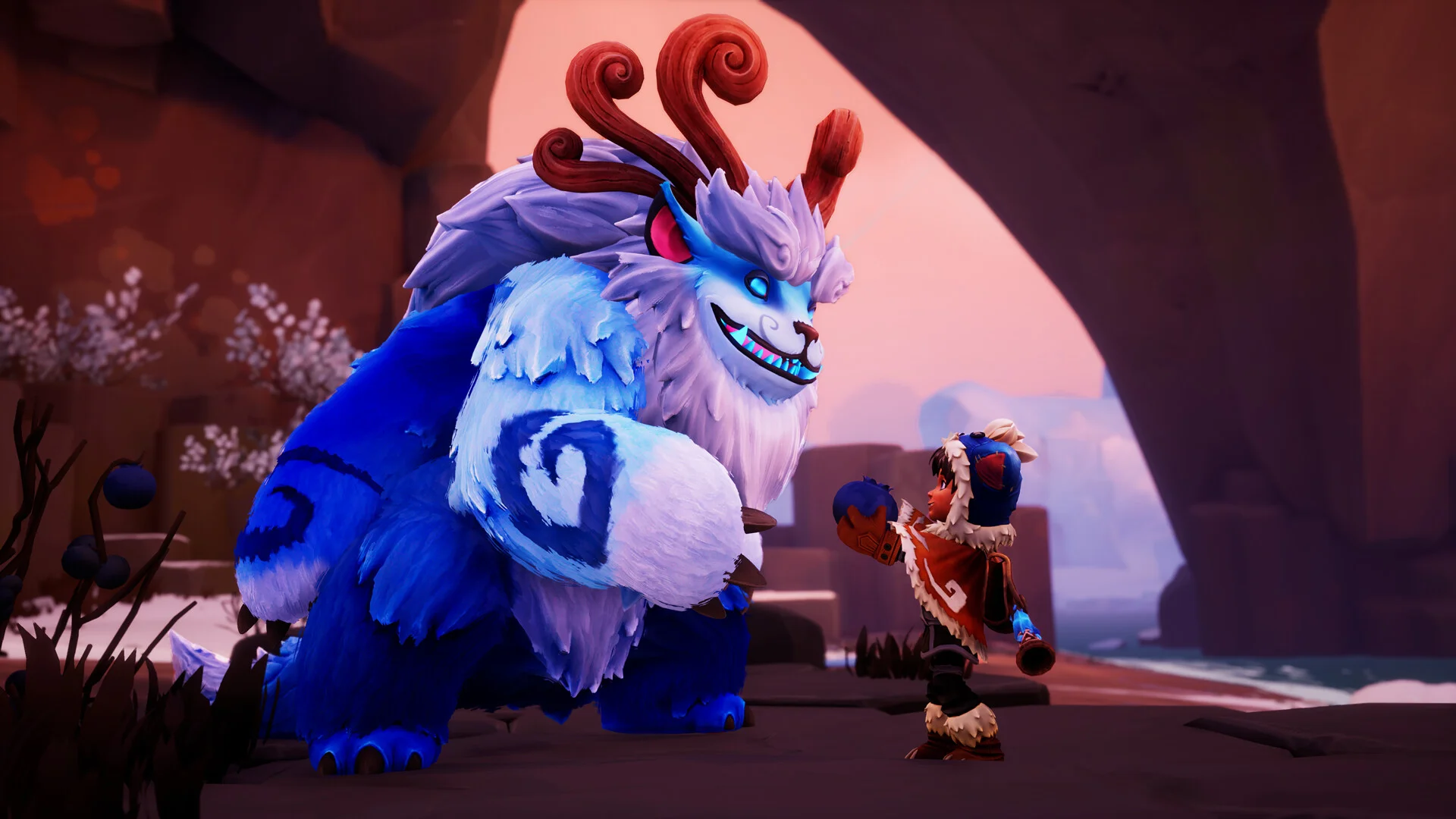A blue yeti faces a small boy holding a snowball