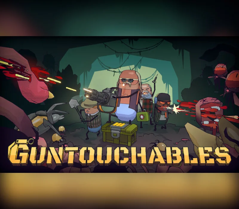 GUNTOUCHABLES cover: bald gunner with a minigun, shovel ally and medic crate in a mutant cave