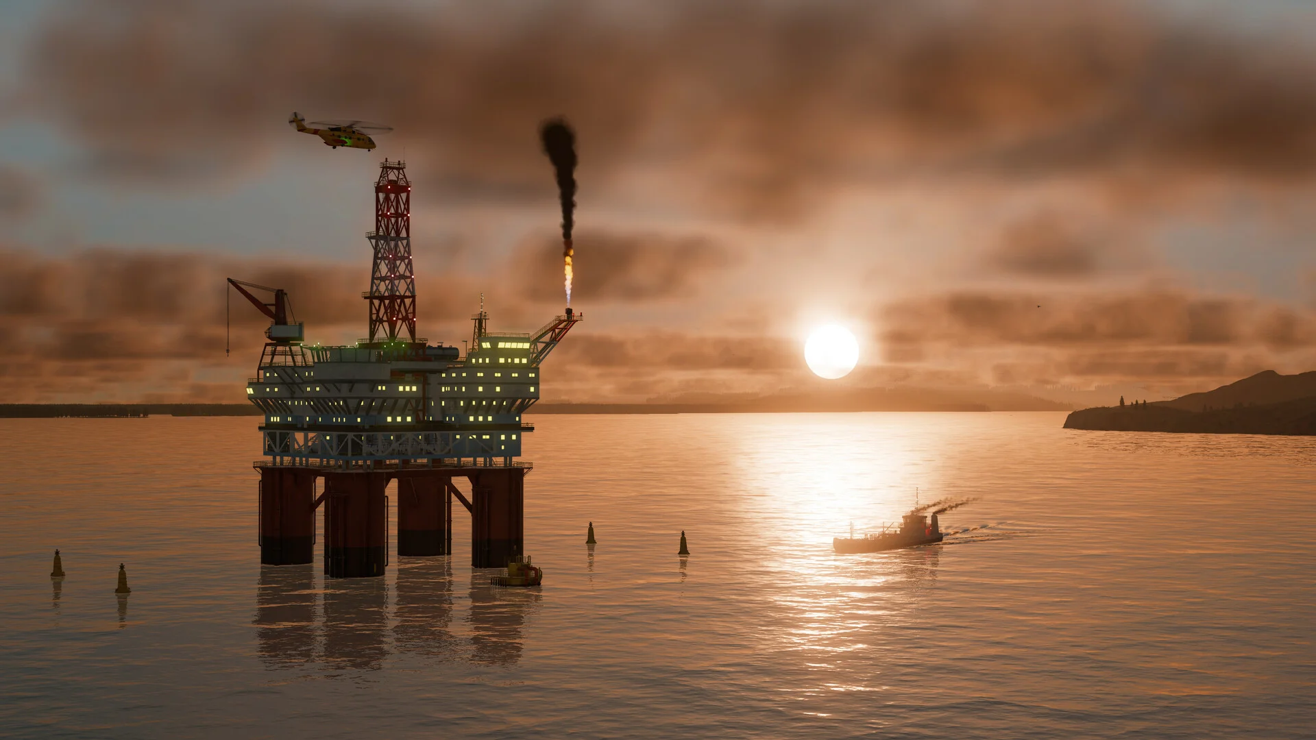 Offshore platform at sunset with a helicopter overhead, a cargo ship on calm water and yellow buoys