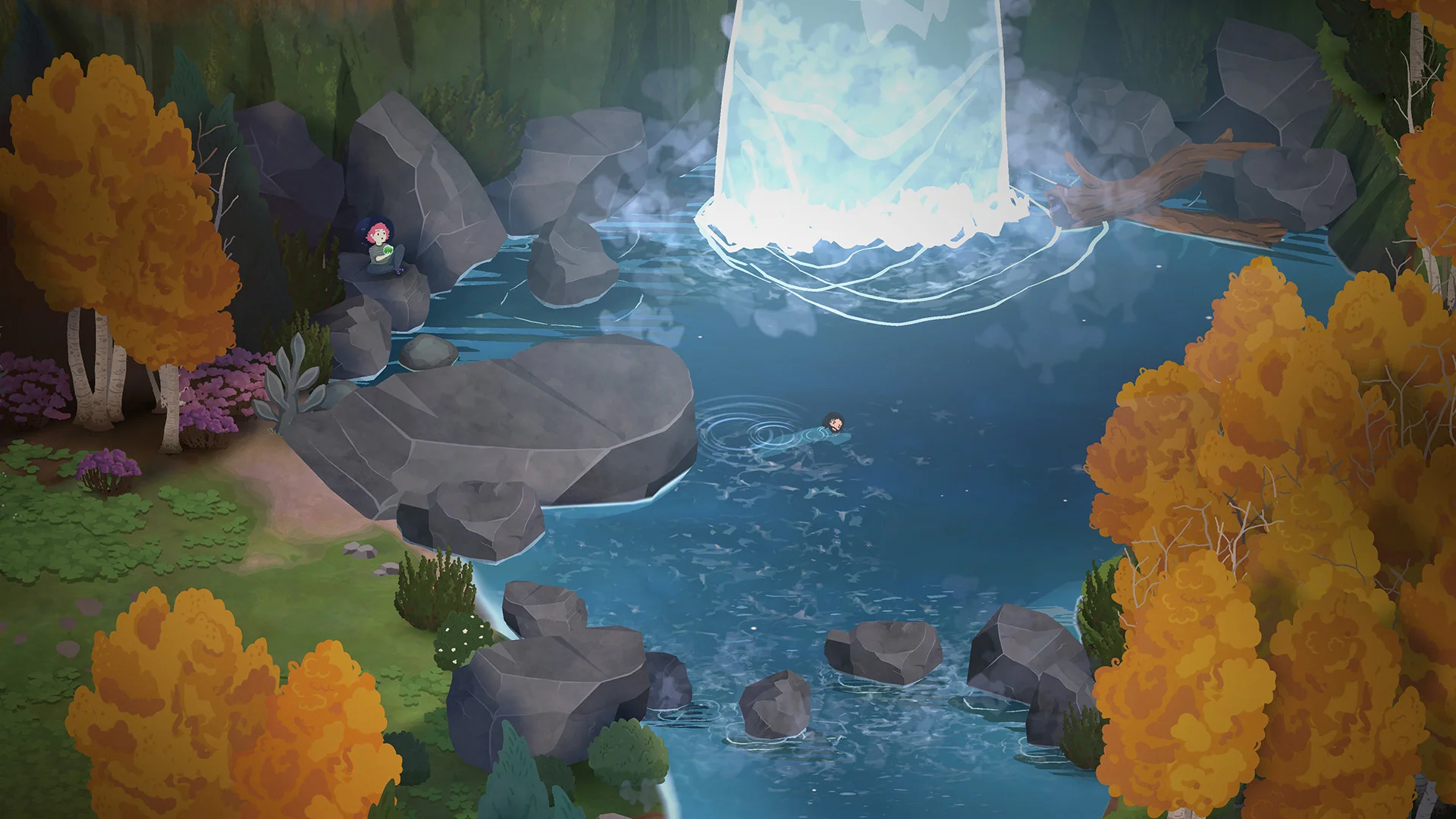 Autumn forest pool with a bright waterfall, a swimmer in the water and a student sitting on a grey rock among orange trees