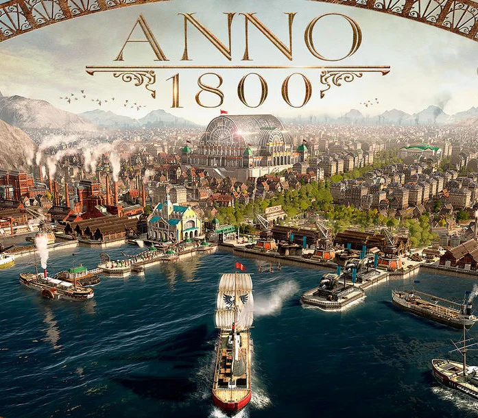 Cover: industrial harbour city under an Anno 1800 gold title, glass palace inland, steamships and a red-sailed flagship entering the port