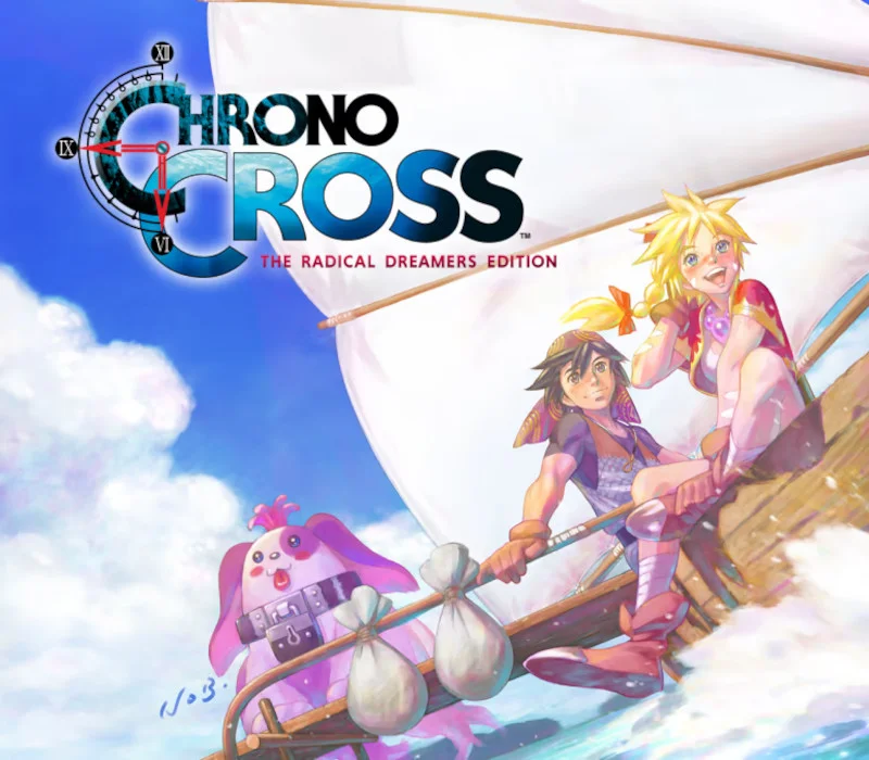 Chrono Cross cover with Serge, Kid, and another character on a boat under a bright sky.