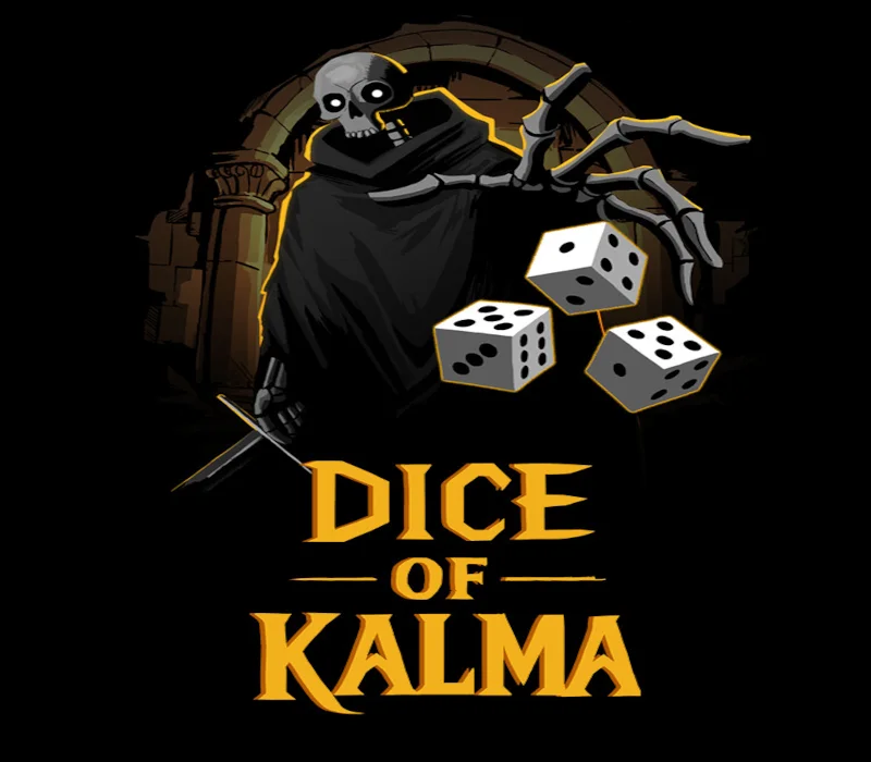 Hooded skeleton with glowing eyes tossing three white dice above the gold Dice of Kalma title