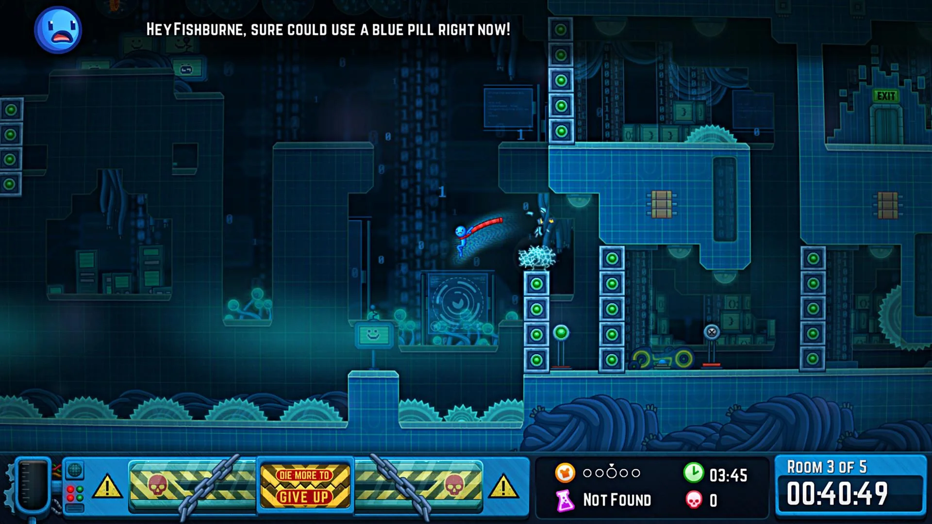 Never Give Up blue grid factory with EXIT sign and Fishburne dialogue