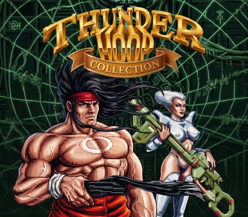 Shirtless red-headband fighter with a black gun and a white-haired woman in white armour holding a green rifle, gold Thunder Hoop Collection lettering on a green circuit grid