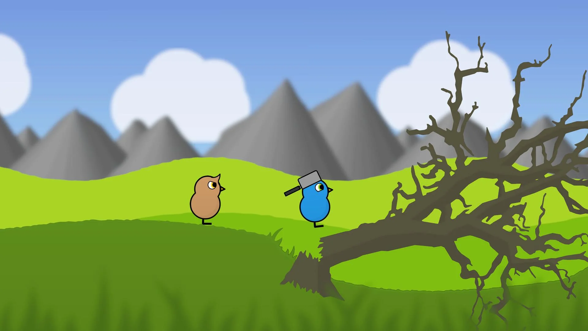 Brown duck and a blue duck with a pan on a green hill by a bare tree