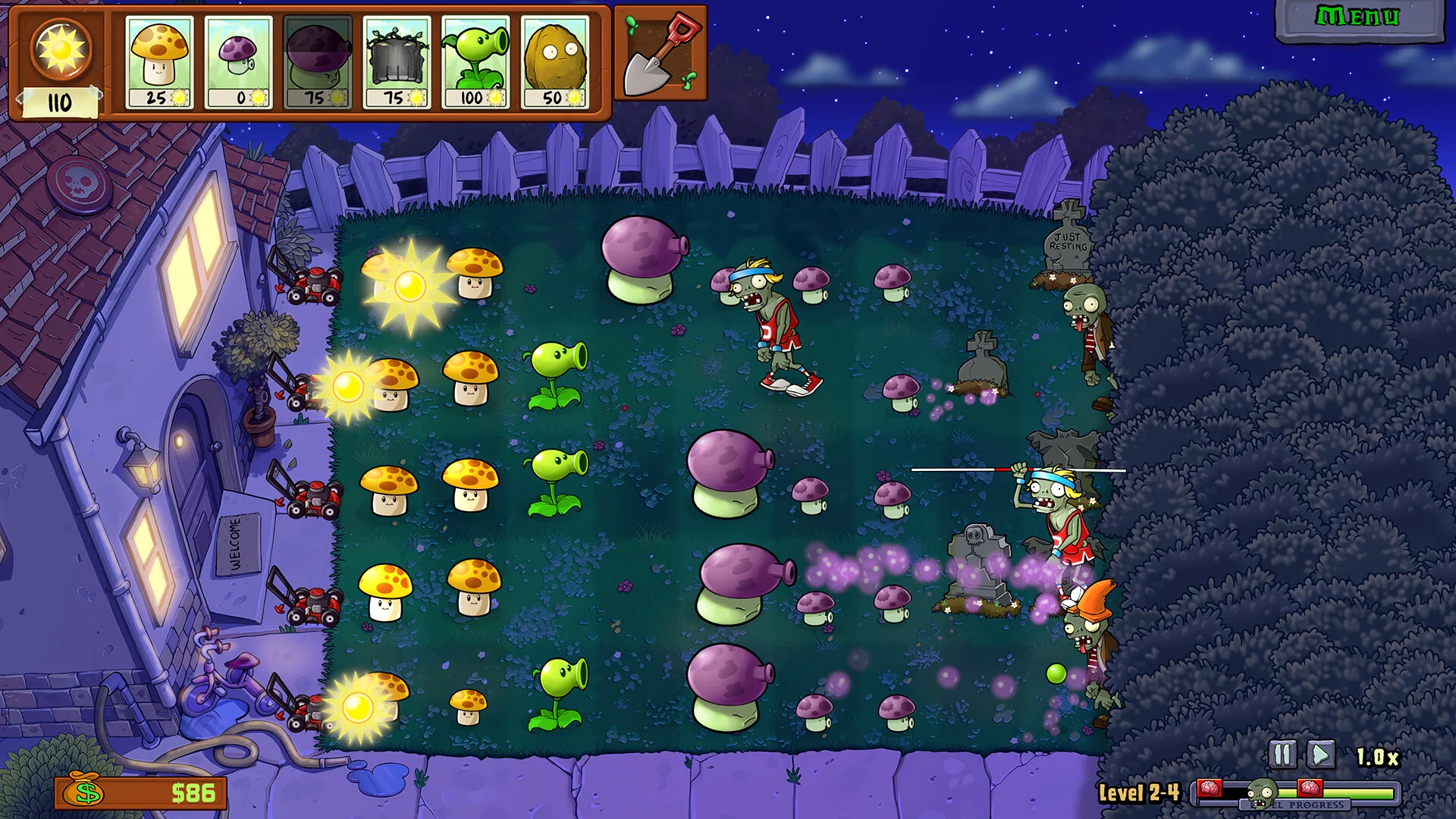 Nocny Level 2-4: puff-shroomy i fume-shroomy, tancerz w czerwonej kurtce, football zombie, nagrobki, fioletowe zarodniki