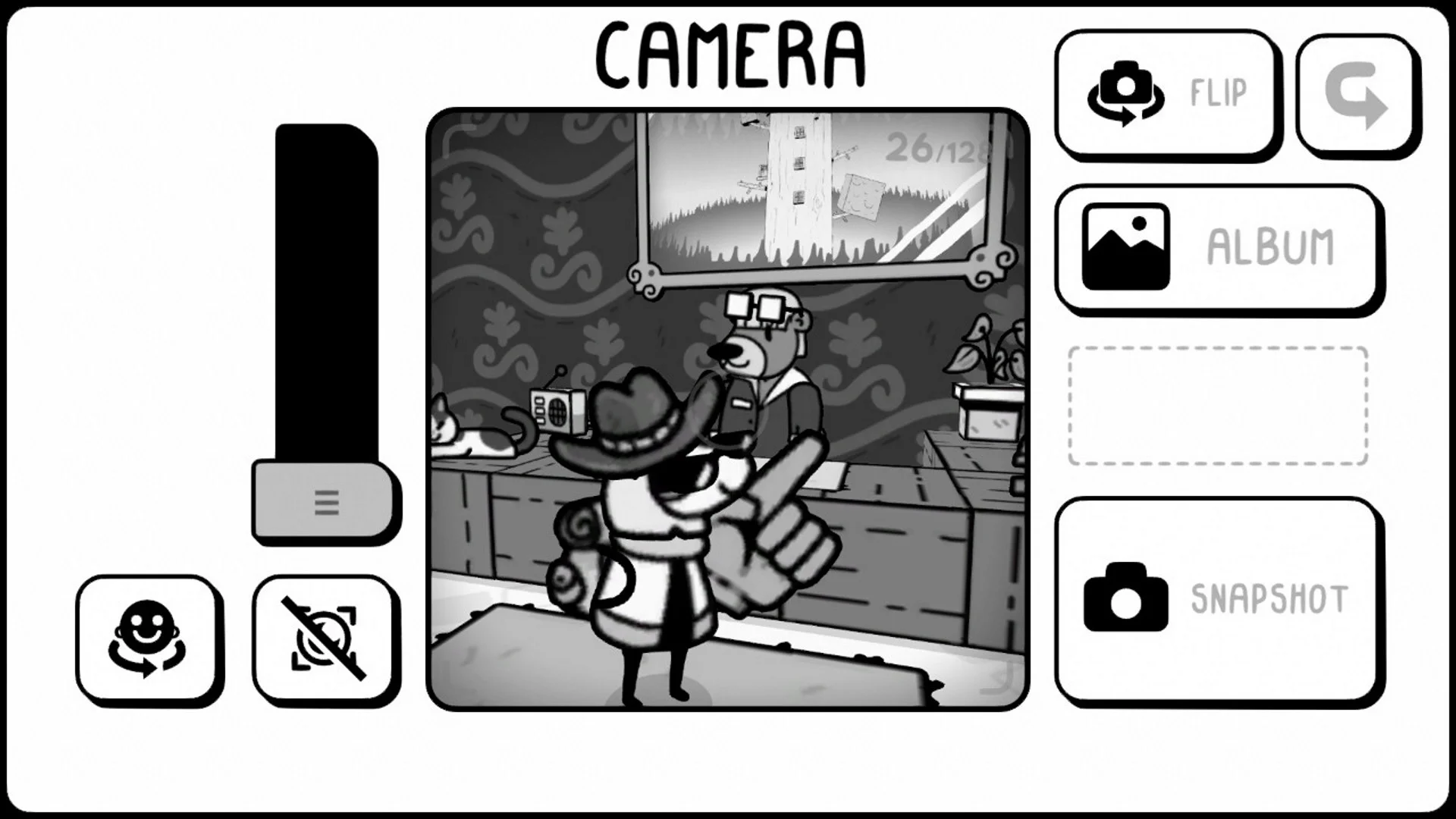 TOEM camera viewfinder photographing a character with goggles indoors