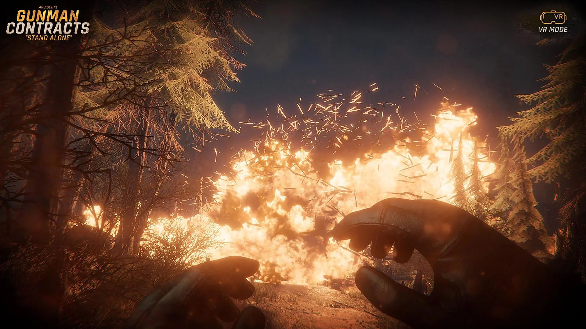 VR MODE: empty gloved hands before a night forest explosion among pines