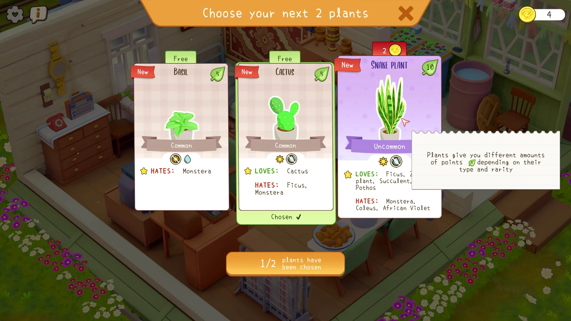 Choose-your-next-plants cards for basil, cactus and snake plant with loves and hates