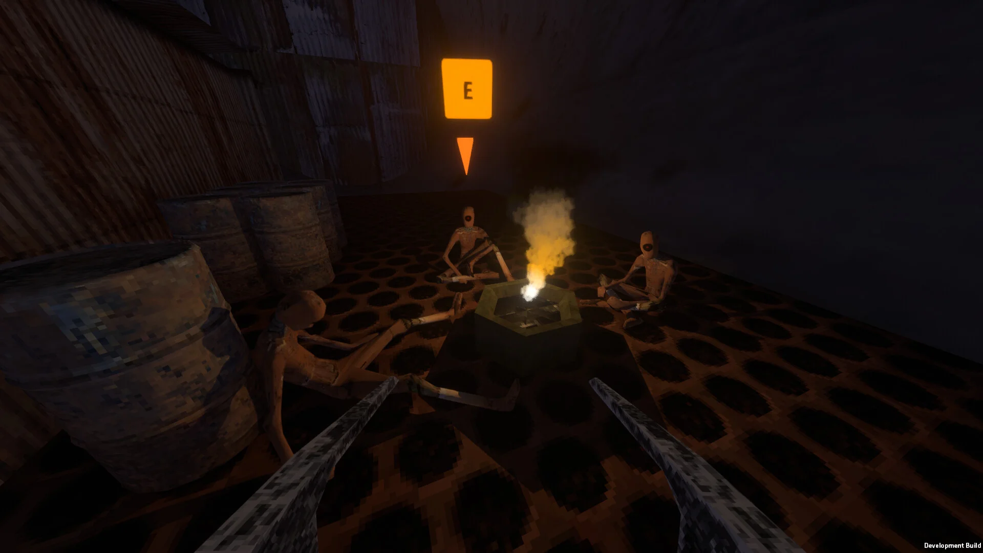 Three seated figures around a fire with an orange E prompt, barrels, pickaxes in the foreground, Development Build in the corner