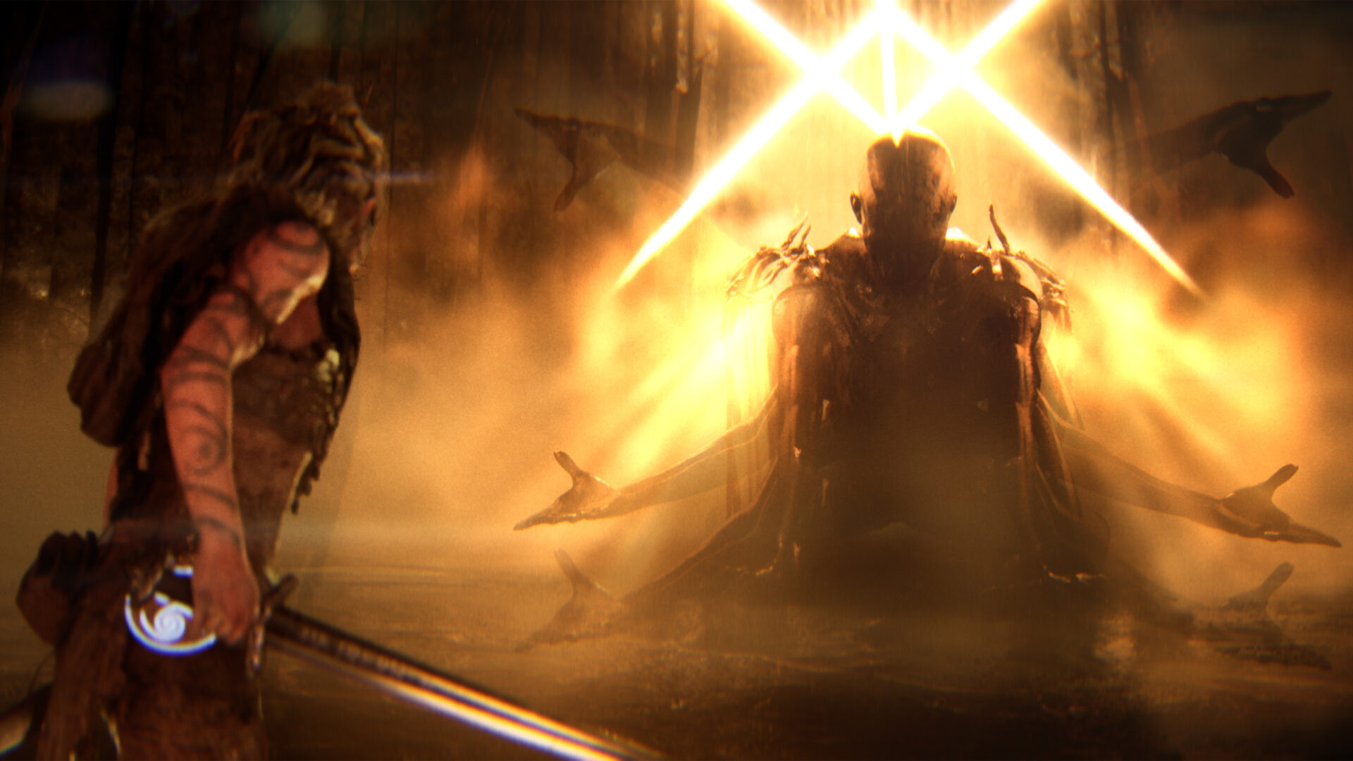 Senua boss encounter showing the warrior facing a multi-armed dark figure beneath a burst of golden light