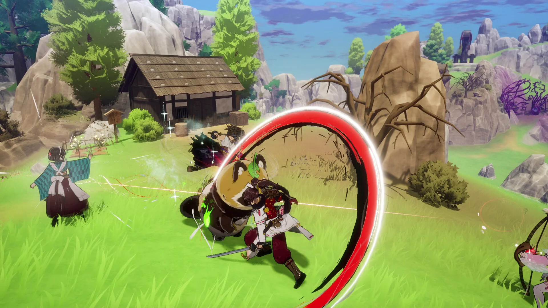 Swordsman cutting a tanuki-like beast with a red katana arc, companion in a checkered haori on the grass