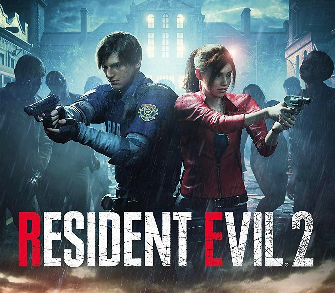 Rain-soaked RPD officer and a woman in a red jacket aim handguns in front of a lit police building, under the RESIDENT EVIL 2 logo