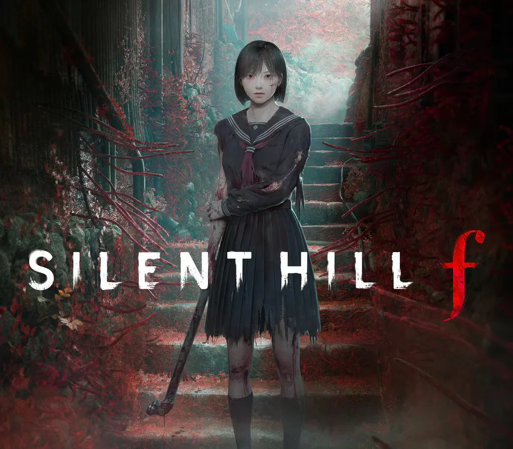 SILENT HILL f cover of Hinako in a torn sailor uniform holding a metal pipe on blood-red stairs