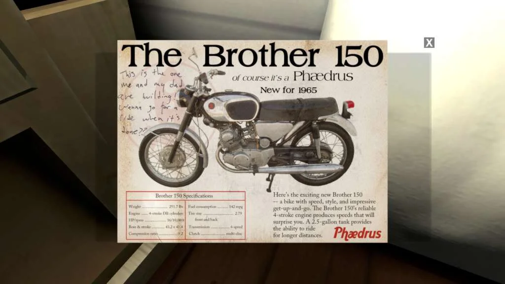 Held magazine page, Brother 150 motorcycle ad, handwritten notes in the margin, Phaedrus name at the bottom
