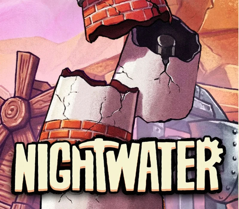 Nightwater cover: a cracked brick-and-steel chimney robot towering over the title
