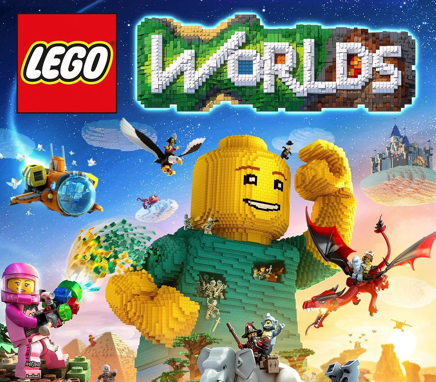 Cover: giant yellow LEGO minifigure in a teal brick shirt flexes under the LEGO Worlds logo, with a pink-suited minifig, a dragon, a castle and a submarine in a bright sky