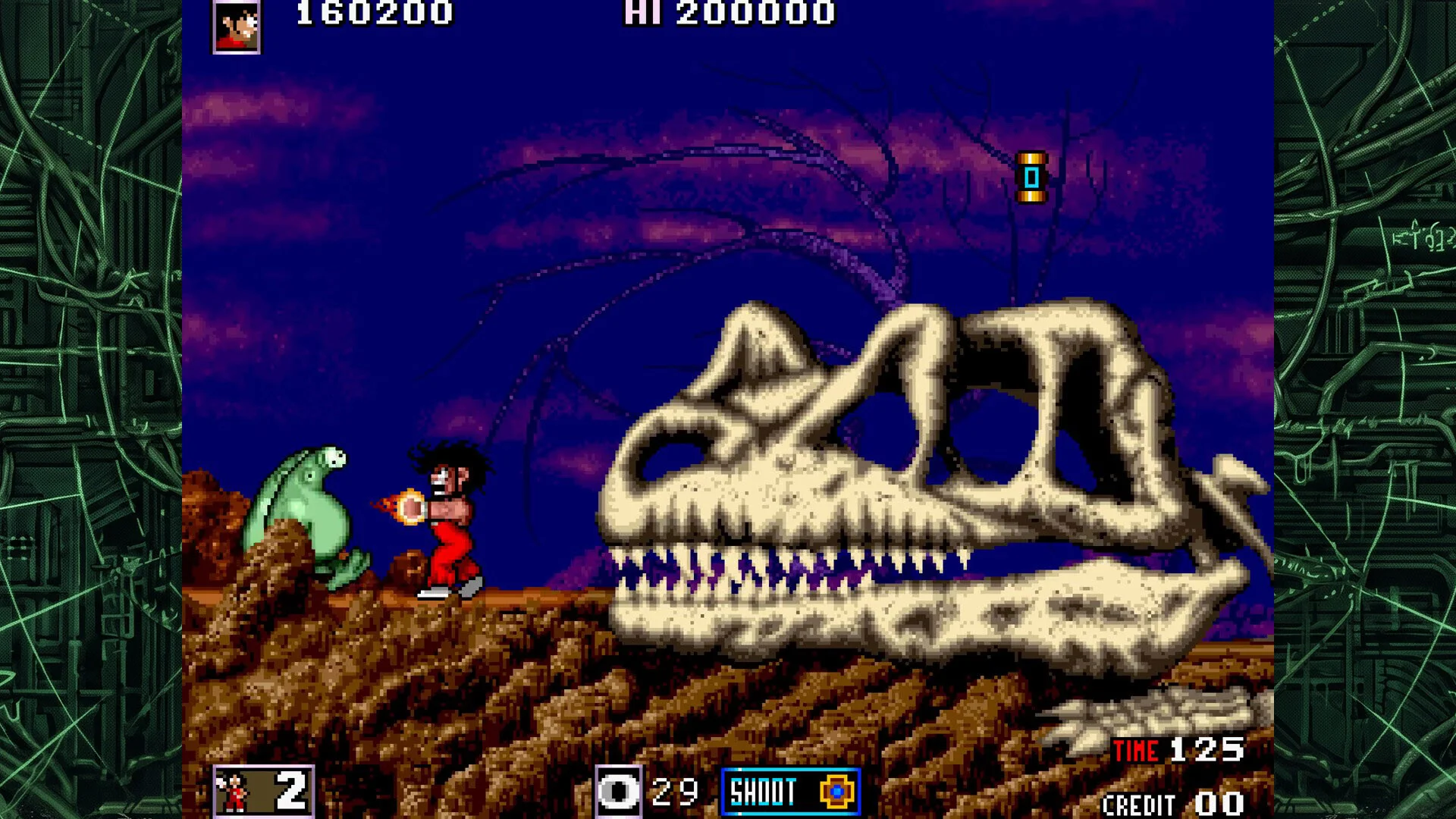 Dirt ridge under a purple sky: red-suited hero firing at a green blob beside a huge dinosaur skull, HI 200000 and a floating yellow pickup