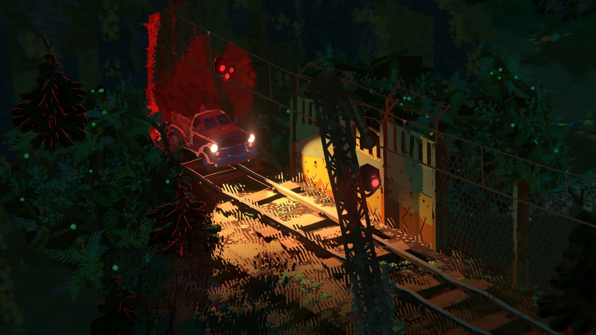 Forest rails: pickup headlights on a track toward a red-lit tunnel, boom crane and signal