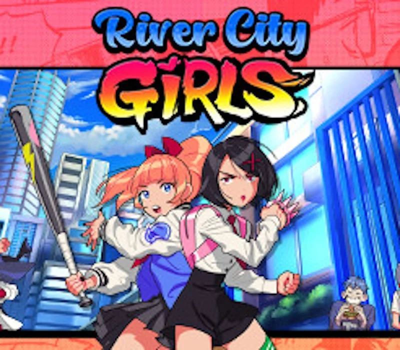 Kyoko with a baseball bat and Misako back-to-back under the River City Girls logo on a city street