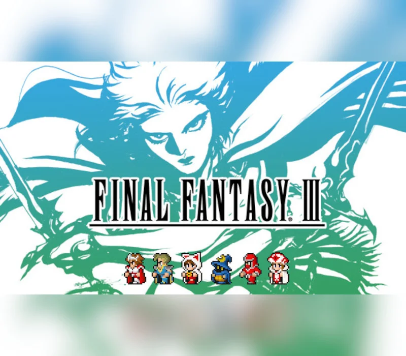 Final Fantasy III cover art, Square Enix JRPG pixel remaster