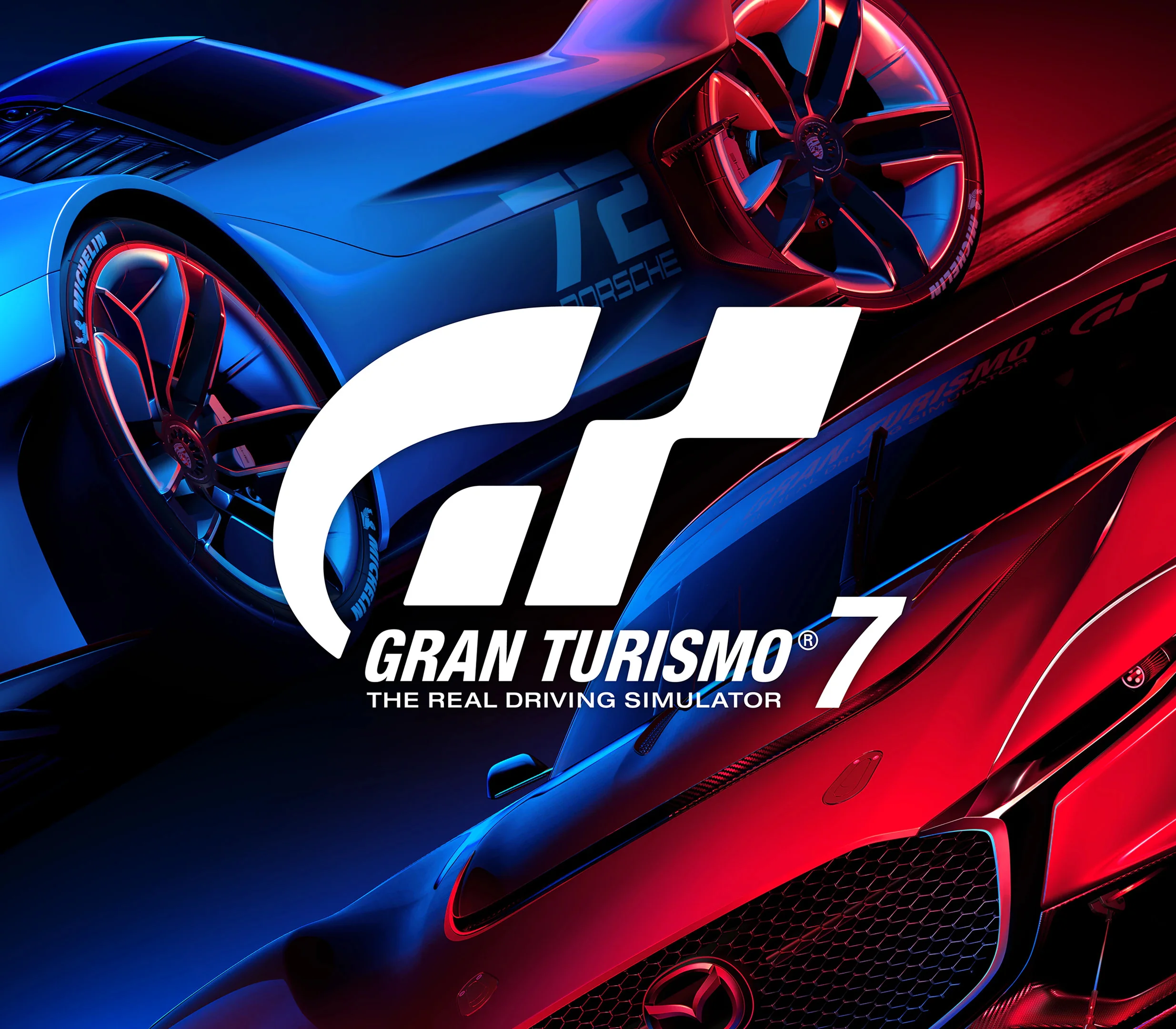 Gran Turismo 7 logo on a blue and red cover beside a red sports car.