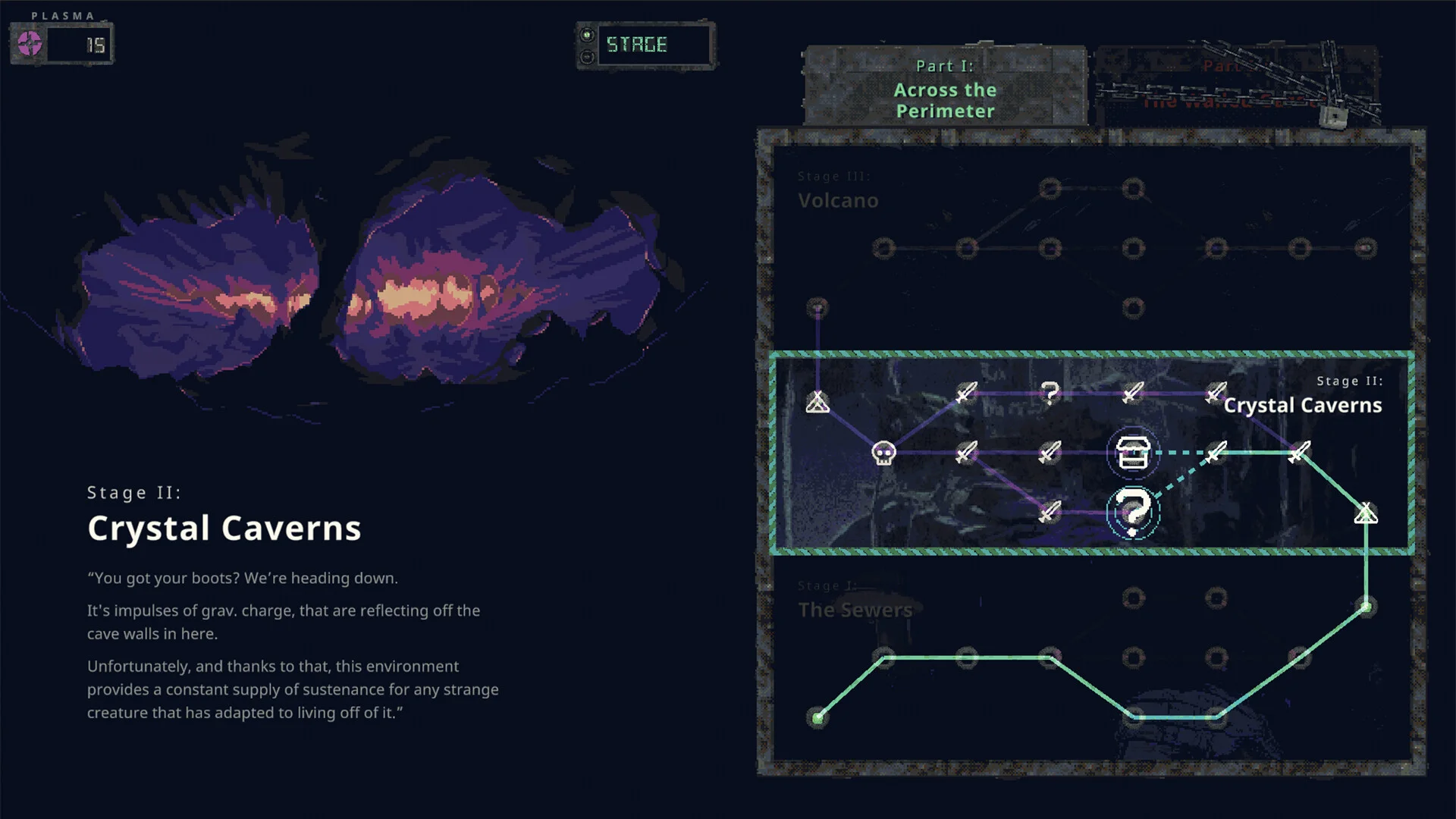 Stage II Crystal Caverns: purple cave art, Across the Perimeter map with Volcano and The Sewers