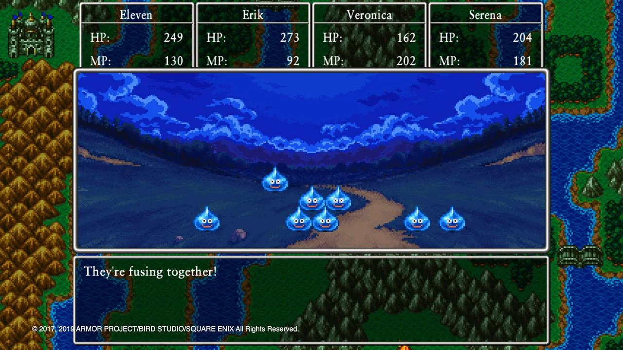 A battle menu beside a blue water scene with several blue slimes.