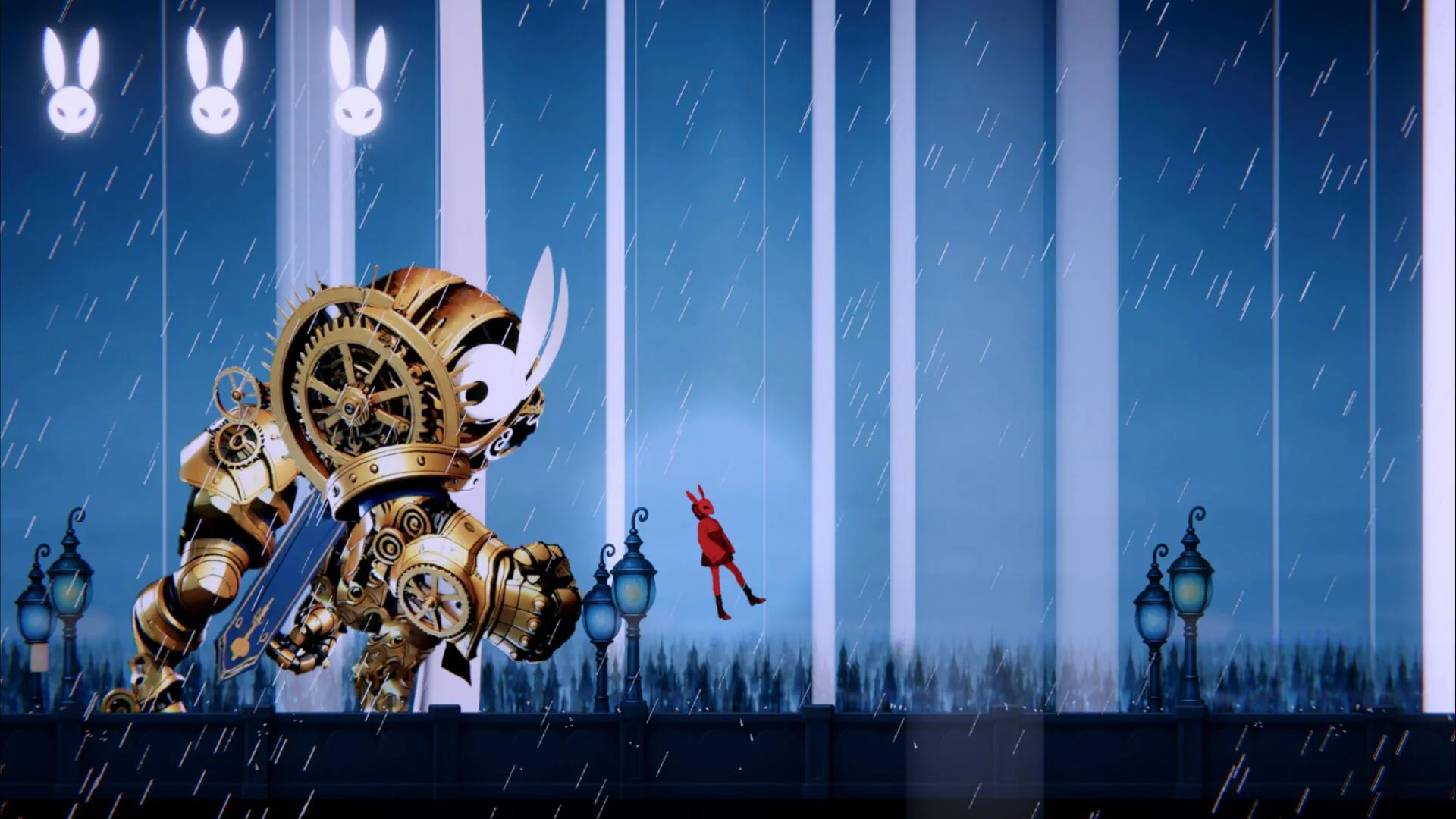 Gold gear-and-rabbit mech facing a tiny red rabbit in the rain, three white rabbit HUD icons