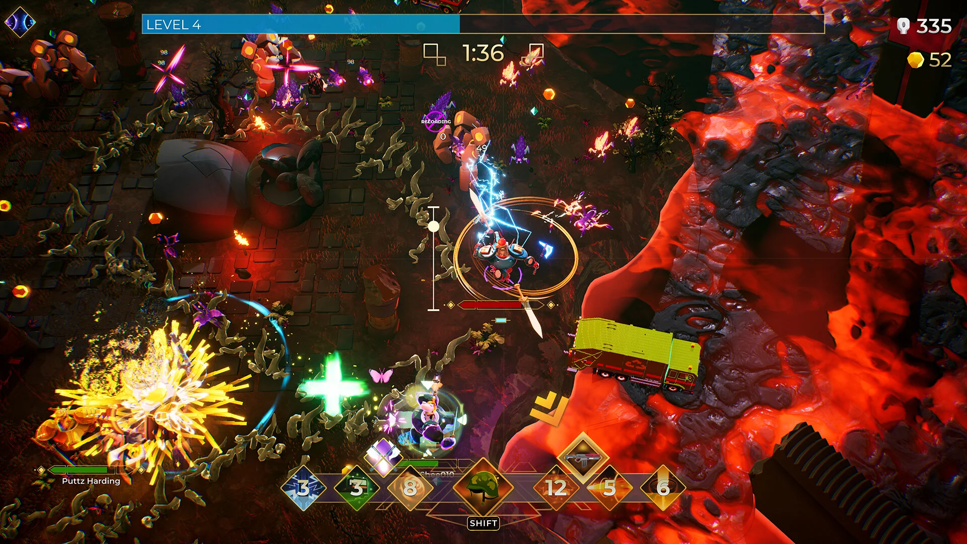Level 4 lava shore: yellow truck, green plus pickup, lightning circle, timer 1:36