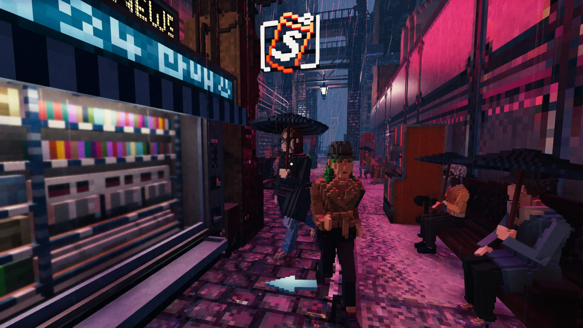 Rainy pink alley, voxel newsstand 24, orange S neon, people with umbrellas, blue floor arrow, benches on the right