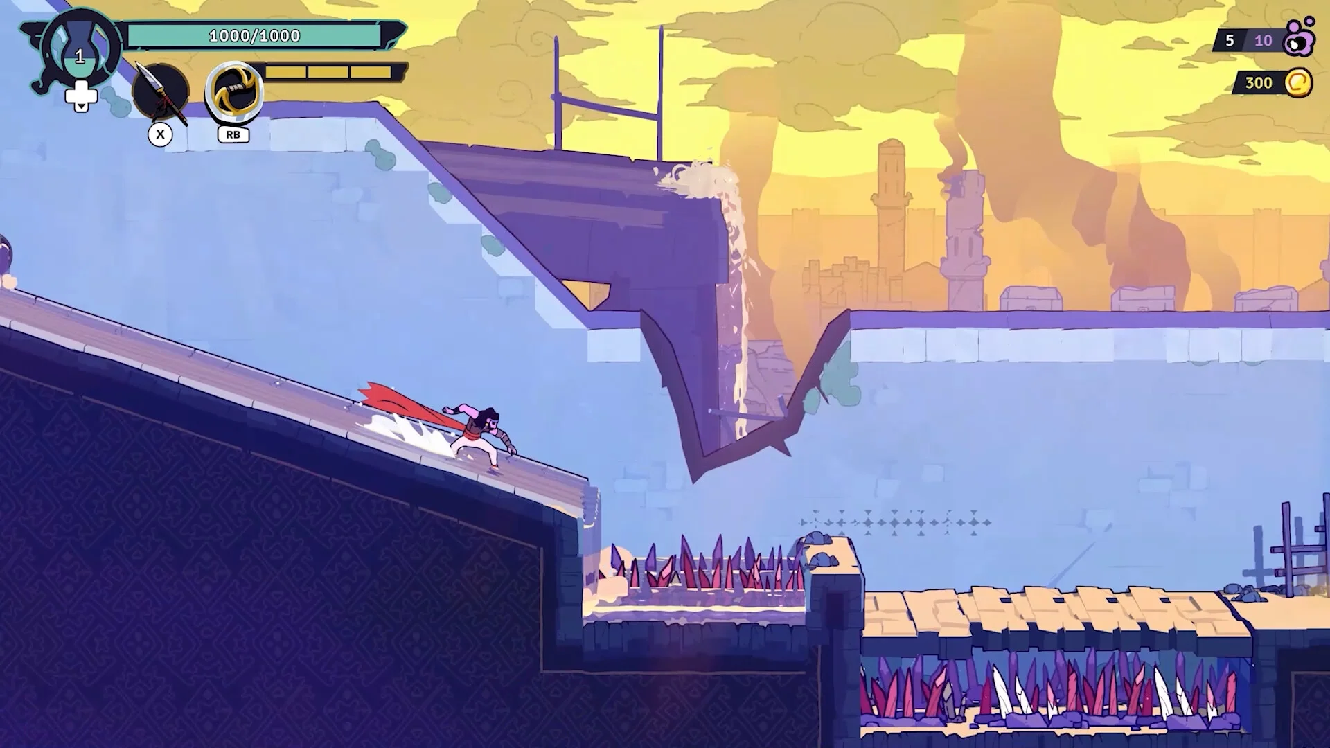 Prince in a red cape slides down a sloped palace roof toward a broken ledge over red spikes, yellow skyline with smoking towers