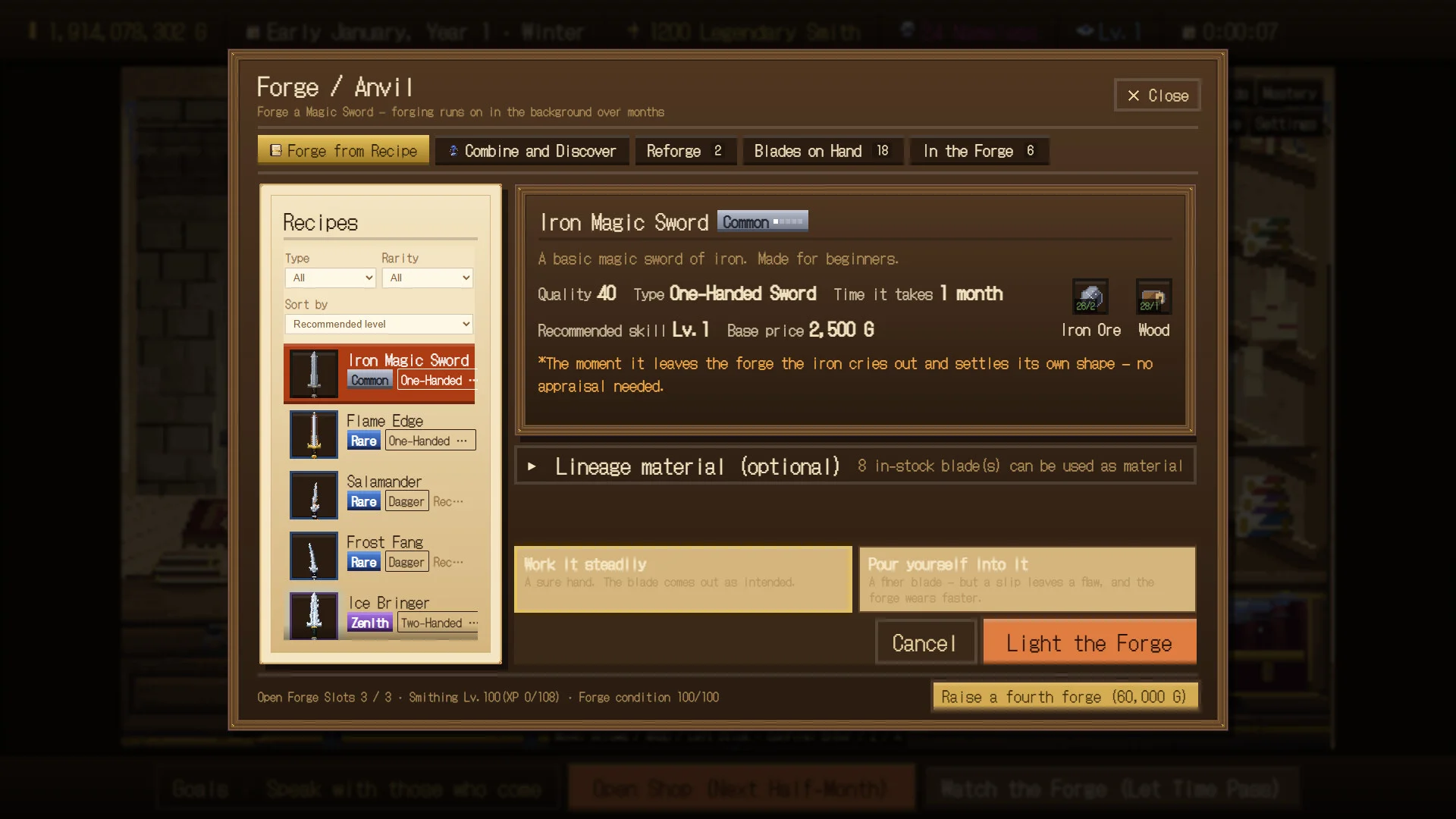 Forge / Anvil recipes, Iron Magic Sword selected, Light the Forge button, lineage material optional