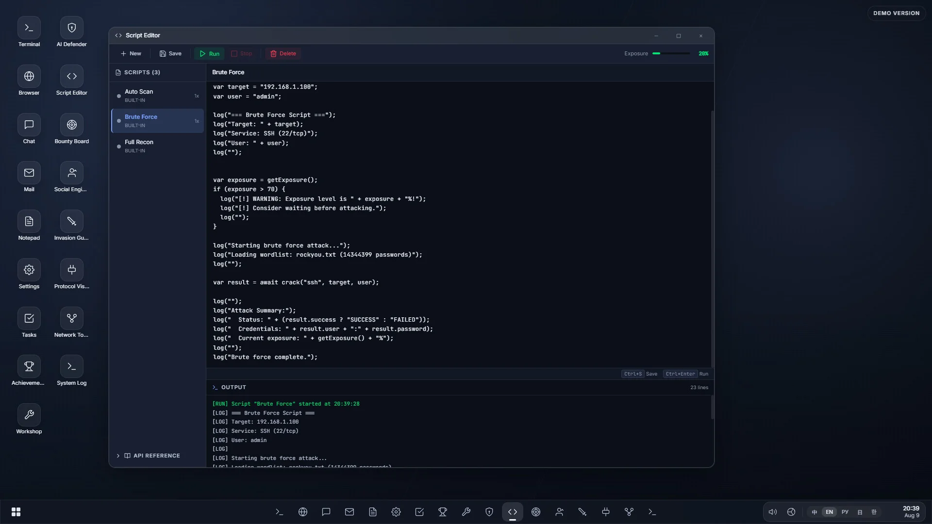 Script Editor Brute Force targeting 192.168.1.108 as admin, Exposure 20 percent, DEMO VERSION watermark