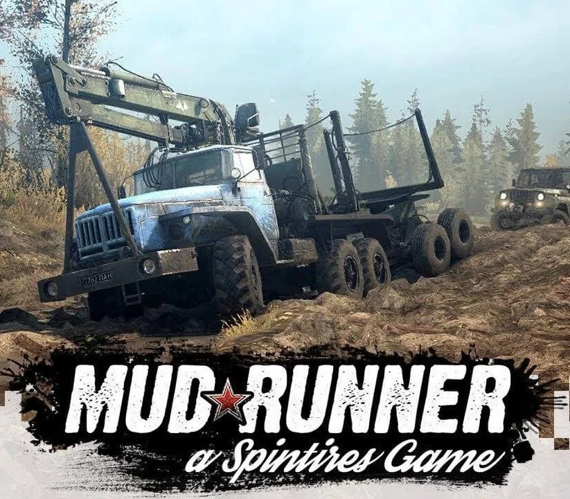 Cover: blue logging truck with crane in rutted dirt, jeep behind pines, MudRunner a Spintires Game logo