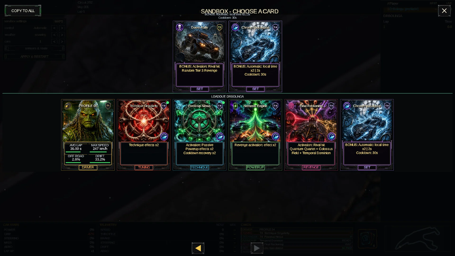Rogue Circuit Sandbox showing driver, tuning, technique, powerup, revenge and set cards