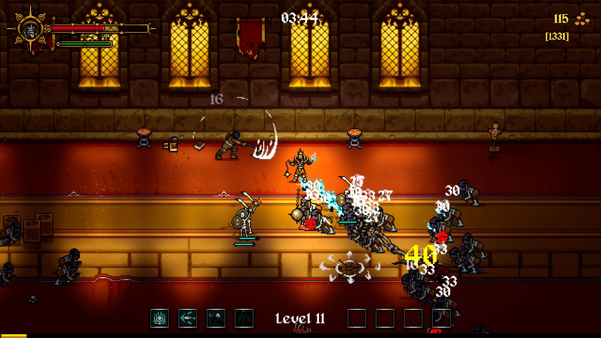 Red hall Level 11: skeleton horde, golden windows, yellow 40 hits, 03:44