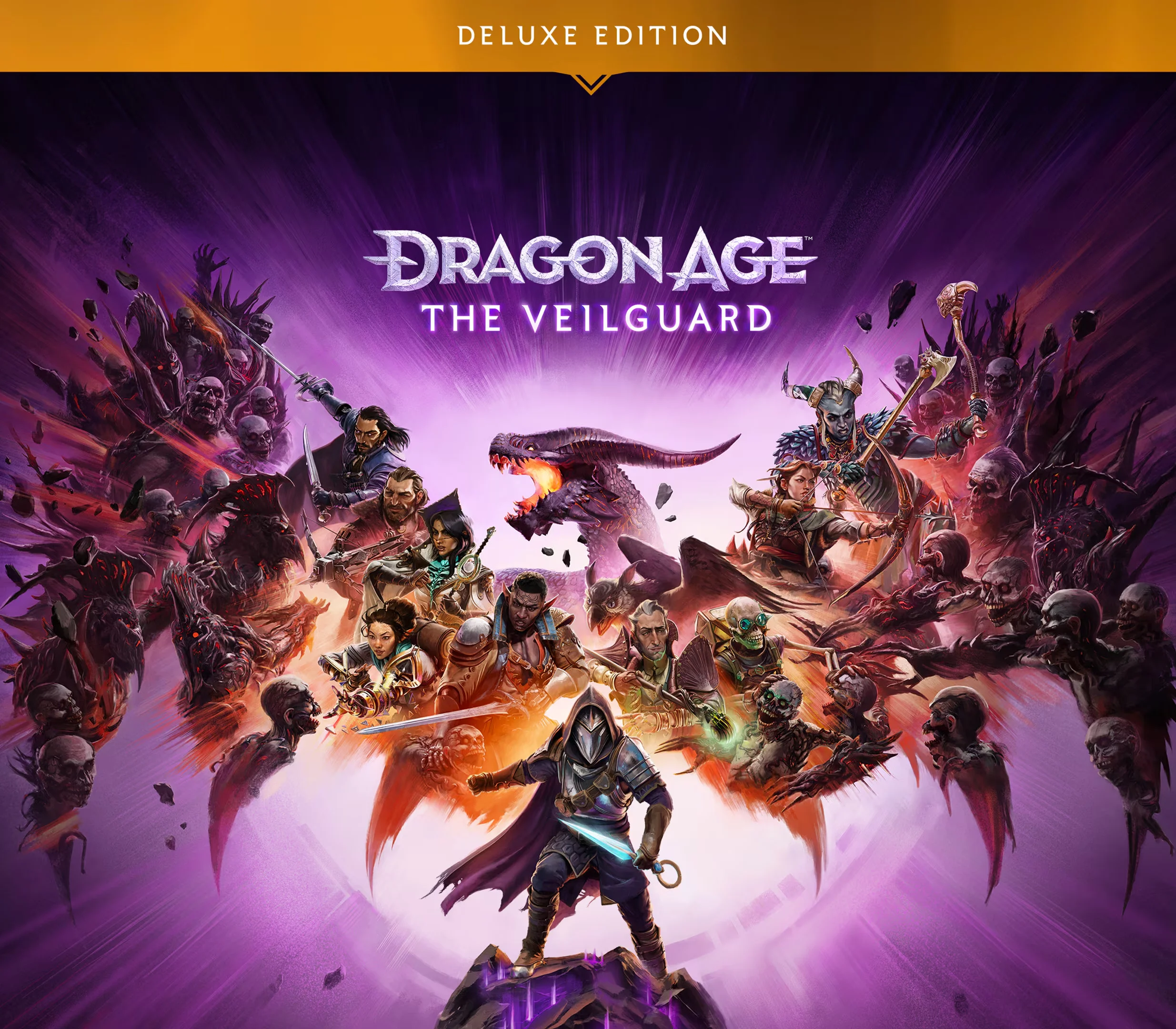 Dragon Age The Veilguard Deluxe cover, Rook and seven companions in Arlathan gear