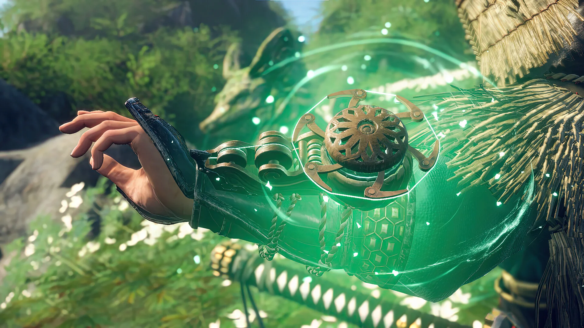 A hand holding a glowing green karakuri device over a sword.