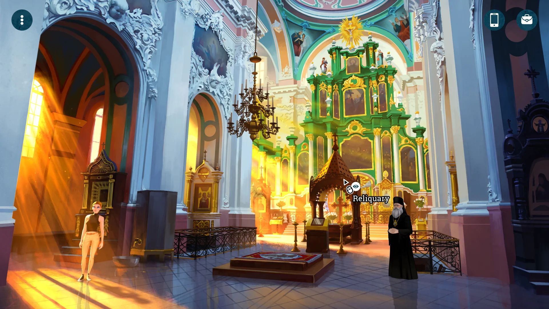 Kobieta w czarnym topie i beżowych spodniach w nasłonecznionym kościele z zielono-złotym ikonostasem, ksiądz w czerni, hotspot Reliquary