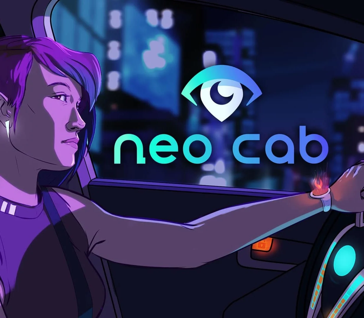 Neo Cab cover, purple-haired driver at a glowing wheel, eye mark and neo cab in teal, bracelet with a small flame